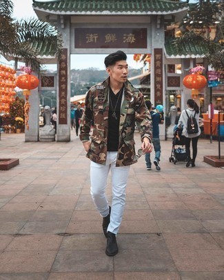 Dark Green Camouflage Shirt Jacket Outfits For Men: Why not choose a dark green camouflage shirt jacket and white jeans? These two pieces are very practical and will look nice paired together. For a more polished feel, introduce a pair of black leather chelsea boots to the equation.