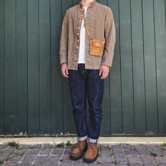 Men's Tan Shirt Jacket, White Crew-neck T-shirt, Navy Jeans, Brown Suede Casual Boots