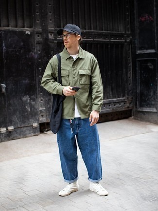 Men's Olive Shirt Jacket, White Crew-neck T-shirt, Blue Jeans, White Canvas High Top Sneakers
