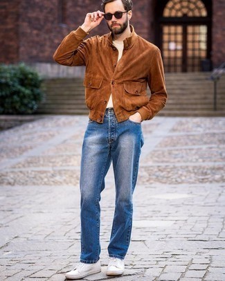 Dark Brown Shirt Jacket Outfits For Men: If you're looking for a casual and at the same time sharp ensemble, dress in a dark brown shirt jacket and blue jeans. For something more on the casual and cool side to finish off this look, complement this outfit with a pair of white canvas low top sneakers.