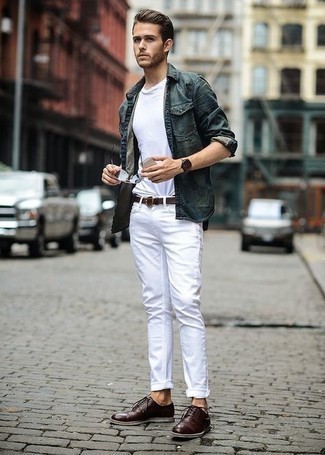 Teal Shirt Jacket Outfits For Men: Fashionable and functional, this casual pairing of a teal shirt jacket and white jeans provides with variety. For something more on the elegant side to finish off your look, add a pair of dark brown leather derby shoes to this outfit.
