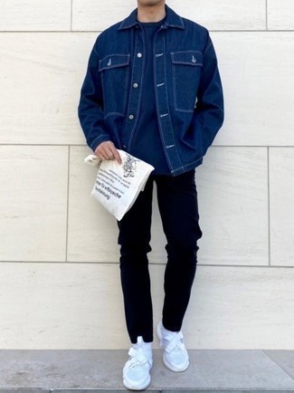 Blue Denim Shirt Jacket Outfits For Men: You're looking at the irrefutable proof that a blue denim shirt jacket and black jeans look amazing when you pair them up in a casual menswear style. If you wish to instantly dress down this outfit with one piece, add white athletic shoes to the mix.