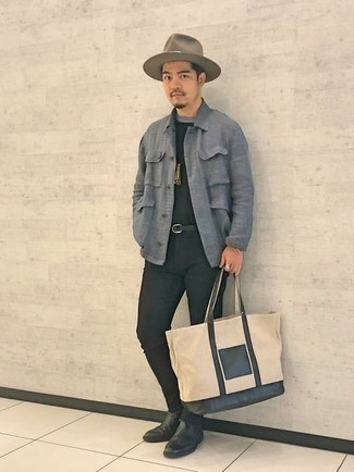Black Leather Chelsea Boots Outfits For Men: Why not team a grey shirt jacket with black jeans? These pieces are very practical and look awesome when paired together. For something more on the dressier side to finish off your ensemble, complement this look with black leather chelsea boots.