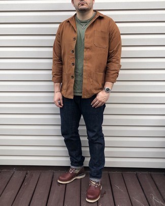 Tobacco Shirt Jacket Outfits For Men: Team a tobacco shirt jacket with navy jeans to feel self-confident and look neat and relaxed. When in doubt as to what to wear on the footwear front, go with a pair of dark brown leather casual boots.