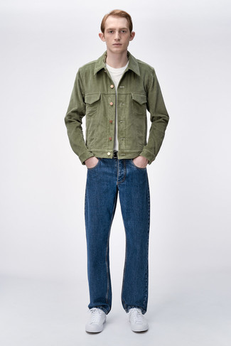 Olive Corduroy Shirt Jacket Outfits For Men: For a laid-back ensemble, team an olive corduroy shirt jacket with navy jeans — these two pieces fit beautifully together. You could perhaps get a bit experimental on the shoe front and introduce white canvas low top sneakers to the mix.