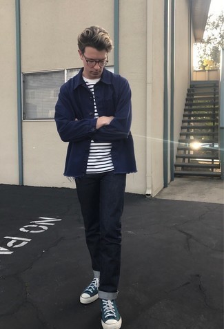 Men's Navy Shirt Jacket, White and Navy Horizontal Striped Crew-neck T-shirt, Black Jeans, Teal Canvas High Top Sneakers