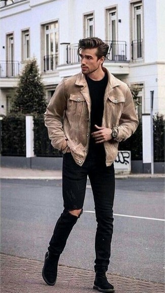 Beige Shirt Jacket Outfits For Men: A beige shirt jacket and black ripped jeans are indispensable menswear must-haves if you're putting together a casual wardrobe that holds to the highest fashion standards. To give your overall ensemble a dressier finish, why not complement your getup with black suede chelsea boots?
