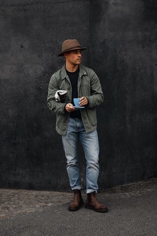 Light Blue Jeans Outfits For Men: Consider teaming an olive shirt jacket with light blue jeans if you seek to look casually cool without much work. And if you need to instantly polish up this ensemble with shoes, complement this look with dark brown leather chelsea boots.