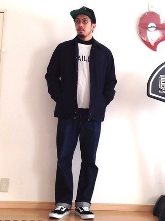 Men's Navy Shirt Jacket, White and Navy Print Crew-neck T-shirt, Navy Jeans, Black and White Canvas Low Top Sneakers