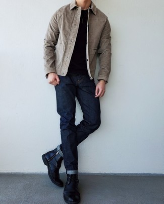 Grey Shirt Jacket Outfits For Men: If it's comfort and functionality that you appreciate in menswear, dress in a grey shirt jacket and navy jeans. Complete your outfit with a pair of black leather casual boots and ta-da: the outfit is complete.
