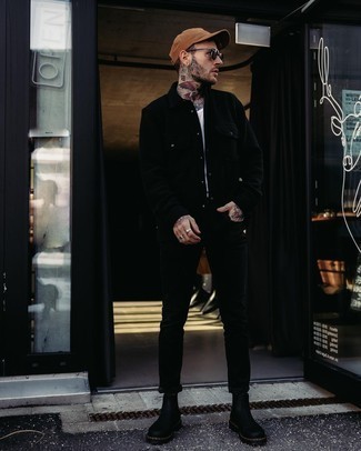 Black Shirt Jacket Outfits For Men: When the situation allows a casual menswear style, pair a black shirt jacket with black jeans. And if you want to easily spruce up this getup with one single item, complement this getup with a pair of black leather chelsea boots.