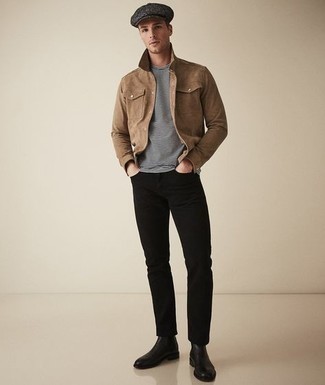 Brown Suede Shirt Jacket Outfits For Men: A brown suede shirt jacket and black jeans are wonderful menswear essentials that will integrate wonderfully within your daily collection. And it's a wonder what black leather chelsea boots can do for the look.