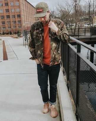 Olive Baseball Cap Outfits For Men: This casual combo of an olive camouflage shirt jacket and an olive baseball cap is a goofproof option when you need to look dapper but have zero time to plan out a look. Look at how well this ensemble pairs with a pair of tan athletic shoes.