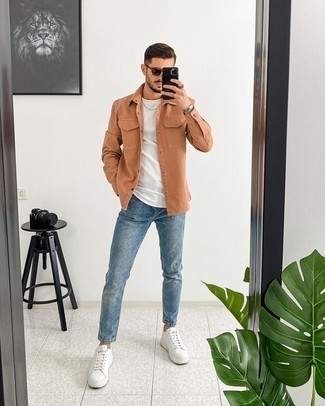 Men's Tobacco Shirt Jacket, White Crew-neck T-shirt, Blue Jeans, White Leather Low Top Sneakers