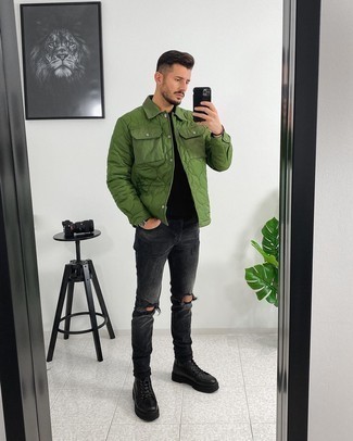 Black Leather Work Boots Outfits For Men: A green shirt jacket and charcoal ripped jeans are the kind of casual essentials that you can wear plenty of ways. For something more on the daring side to finish your outfit, add a pair of black leather work boots to your ensemble.