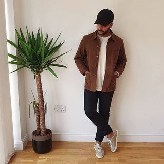 Dark Brown Baseball Cap Outfits For Men: This combination of a brown shirt jacket and a dark brown baseball cap is hard proof that a pared down casual look doesn't have to be boring. A pair of tan suede low top sneakers instantly ups the style factor of any ensemble.