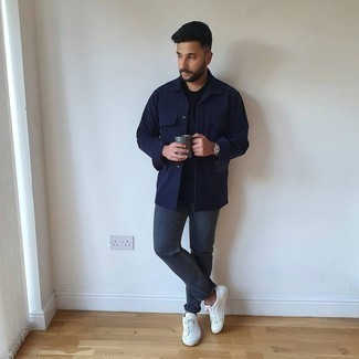 Charcoal Jeans with T-shirt Outfits For Men: A t-shirt and charcoal jeans? It's easily a wearable outfit that any man could rock a version of on a daily basis. For something more on the classy side to round off your ensemble, complete your look with white leather low top sneakers.