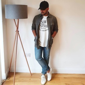 Men's Charcoal Shirt Jacket, White and Black Print Crew-neck T-shirt, Blue Jeans, White Leather Low Top Sneakers