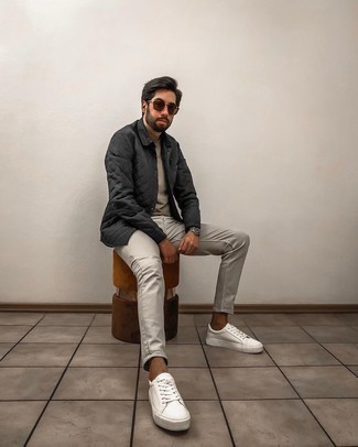 Grey Jeans Outfits For Men: This getup with a black quilted shirt jacket and grey jeans isn't hard to pull together and is easy to adapt. On the shoe front, go for something on the relaxed end of the spectrum and finish off your outfit with a pair of white leather low top sneakers.
