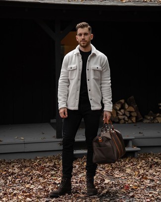 White Fleece Shirt Jacket Outfits For Men: A white fleece shirt jacket and black jeans are a good combo to add to your daily casual wardrobe. Look at how great this outfit is finished off with a pair of dark brown suede casual boots.
