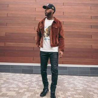 Brown Corduroy Shirt Jacket Outfits For Men: The formula for a kick-ass off-duty outfit for men? A brown corduroy shirt jacket with black leather jeans. Up this look with black leather high top sneakers.