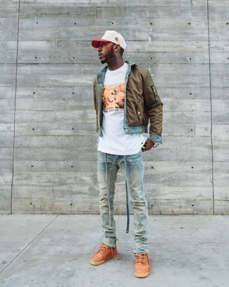 Men's Brown Satin Shirt Jacket, White Print Crew-neck T-shirt, Light Blue Jeans, Tobacco Leather Low Top Sneakers