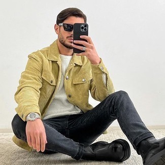 Olive Corduroy Shirt Jacket Outfits For Men: An olive corduroy shirt jacket and charcoal jeans are the kind of a foolproof off-duty combo that you so desperately need when you have zero time to dress up. Play up the formality of your getup a bit with black leather chelsea boots.