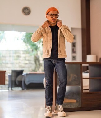 Orange Beanie Outfits For Men: Why not make a tan shirt jacket and an orange beanie your outfit choice? As well as very comfortable, these items look good when married together. Let your sartorial expertise really shine by complementing your outfit with a pair of olive canvas high top sneakers.