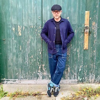 Black Flat Cap Casual Outfits For Men: For a laid-back look, Choose a violet shirt jacket and a black flat cap. As for footwear, add black and blue athletic shoes to the mix.