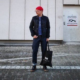Black Canvas Tote Bag Outfits For Men: A black shirt jacket and a black canvas tote bag are a savvy combination to sport on off-duty days. And if you need to immediately amp up this look with a pair of shoes, complete this getup with black leather casual boots.