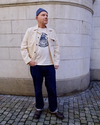 Men's Beige Shirt Jacket, White and Navy Print Crew-neck T-shirt, Navy Jeans, Dark Brown Leather Casual Boots