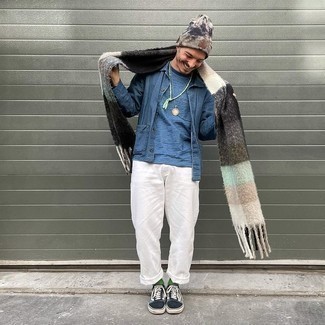 Beige Tie-Dye Beanie Outfits For Men: Why not rock a blue denim shirt jacket with a beige tie-dye beanie? As well as super comfortable, these pieces look amazing when matched together. Throw a pair of light blue canvas low top sneakers into the mix for an instant style upgrade.