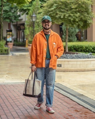 Dark Green Baseball Cap Outfits For Men: If you're on a mission for an off-duty but also seriously stylish ensemble, reach for an orange shirt jacket and a dark green baseball cap. Feeling experimental today? Shake up this look by rounding off with red canvas low top sneakers.