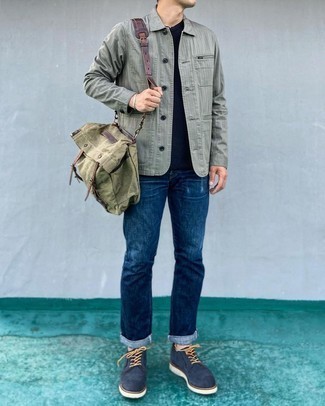 Dark Green Canvas Messenger Bag Outfits: This combination of an olive shirt jacket and a dark green canvas messenger bag combines comfort and utility and helps you keep it low-key yet trendy. Transform your ensemble with navy suede derby shoes.