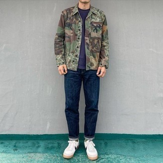 Men's Olive Camouflage Shirt Jacket, Violet Crew-neck T-shirt, Navy Jeans, White and Navy Canvas Low Top Sneakers