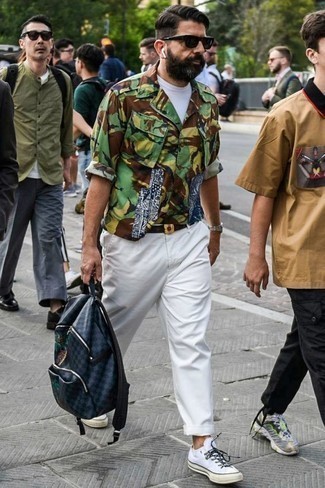 White No Show Socks Outfits For Men: Extremely dapper, this pairing of an olive camouflage shirt jacket and white no show socks provides with variety. Why not complement this ensemble with white canvas low top sneakers for an added dose of polish?