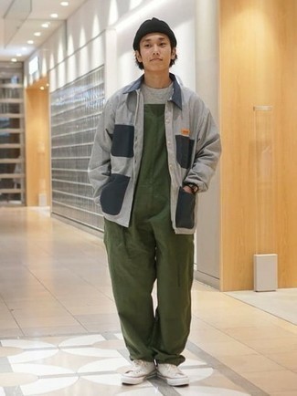 Men's Grey Shirt Jacket, Grey Crew-neck T-shirt, Olive Overalls, White Canvas Low Top Sneakers