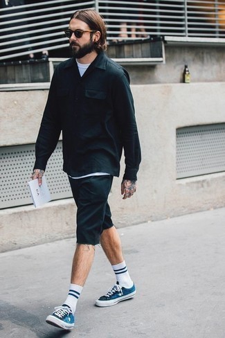 Navy Denim Low Top Sneakers Outfits For Men: Wear a black shirt jacket and black denim shorts to prove you've got serious sartorial prowess. Navy denim low top sneakers will add a dash of stylish casualness to an otherwise dressy ensemble.