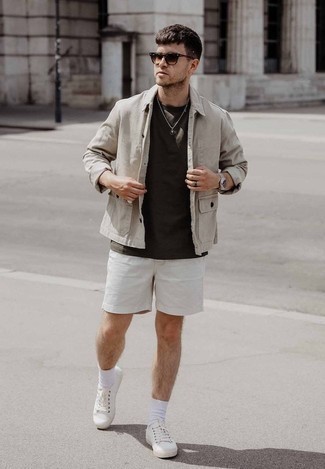 Grey Shirt Jacket Outfits For Men: Combining a grey shirt jacket with white shorts is an on-point pick for a casual getup. Don't know how to finish? Complement this outfit with white canvas low top sneakers to switch things up.
