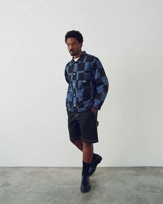 Navy Check Shirt Jacket Outfits For Men: Extremely dapper, this casual pairing of a navy check shirt jacket and black shorts provides variety. If you want to effortlessly smarten up this ensemble with one single item, complement your look with a pair of black chunky leather derby shoes.