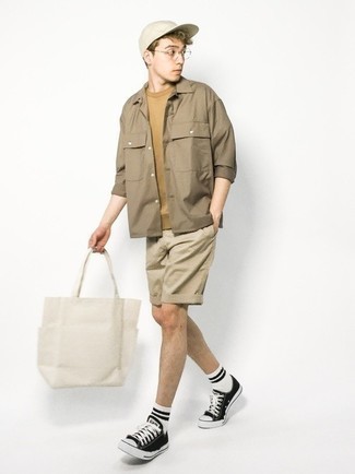Men's Tan Shirt Jacket, Tan Crew-neck T-shirt, Beige Shorts, Black and White Canvas Low Top Sneakers
