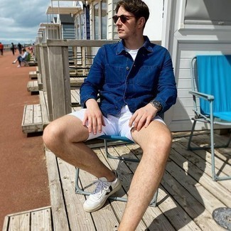 White Shorts Outfits For Men: For stylish menswear style without the need to sacrifice on practicality, we like this pairing of a navy denim shirt jacket and white shorts. Take your getup in a more relaxed direction with white and black leather low top sneakers.