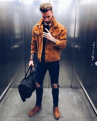 Brown Suede Shirt Jacket Outfits For Men: A brown suede shirt jacket and navy ripped skinny jeans will add extra style to your day-to-day casual wardrobe. For something more on the classy side to finish your ensemble, introduce a pair of brown suede chelsea boots to the equation.