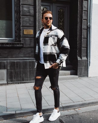 Men's White and Black Plaid Flannel Shirt Jacket, White Crew-neck T-shirt, Black Ripped Skinny Jeans, White and Black Leather Low Top Sneakers