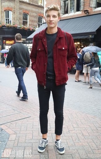 Burgundy Shirt Jacket Outfits For Men: If you're searching for a relaxed casual yet dapper ensemble, opt for a burgundy shirt jacket and charcoal skinny jeans. If you're hesitant about how to finish off, a pair of navy and white canvas low top sneakers is a foolproof option.