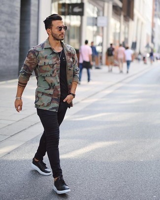 Black Crew-neck T-shirt with Olive Camouflage Shirt Jacket Casual