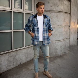 Blue Plaid Shirt Jacket Outfits For Men: To assemble a casual ensemble with an urban take, make a blue plaid shirt jacket and light blue ripped skinny jeans your outfit choice. Switch up this look by wearing a pair of beige suede chelsea boots.