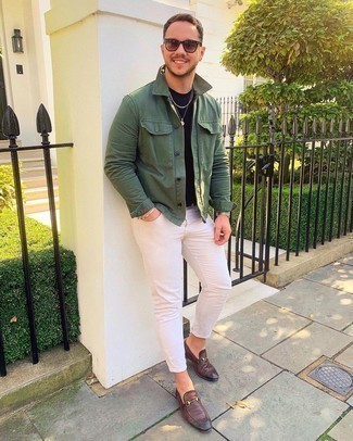 Men's Olive Shirt Jacket, Navy Crew-neck T-shirt, White Skinny Jeans, Brown Leather Loafers