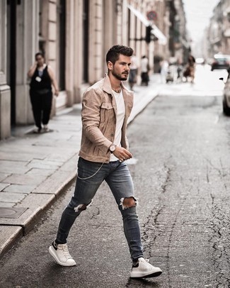 Men's Tan Suede Shirt Jacket, White Crew-neck T-shirt, Grey Ripped Skinny Jeans, White and Black Leather Low Top Sneakers
