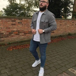 Beige Bracelet Outfits For Men: You're looking at the definitive proof that a grey shirt jacket and a beige bracelet look amazing when you pair them up in a casual street style ensemble. On the footwear front, this getup pairs wonderfully with white athletic shoes.